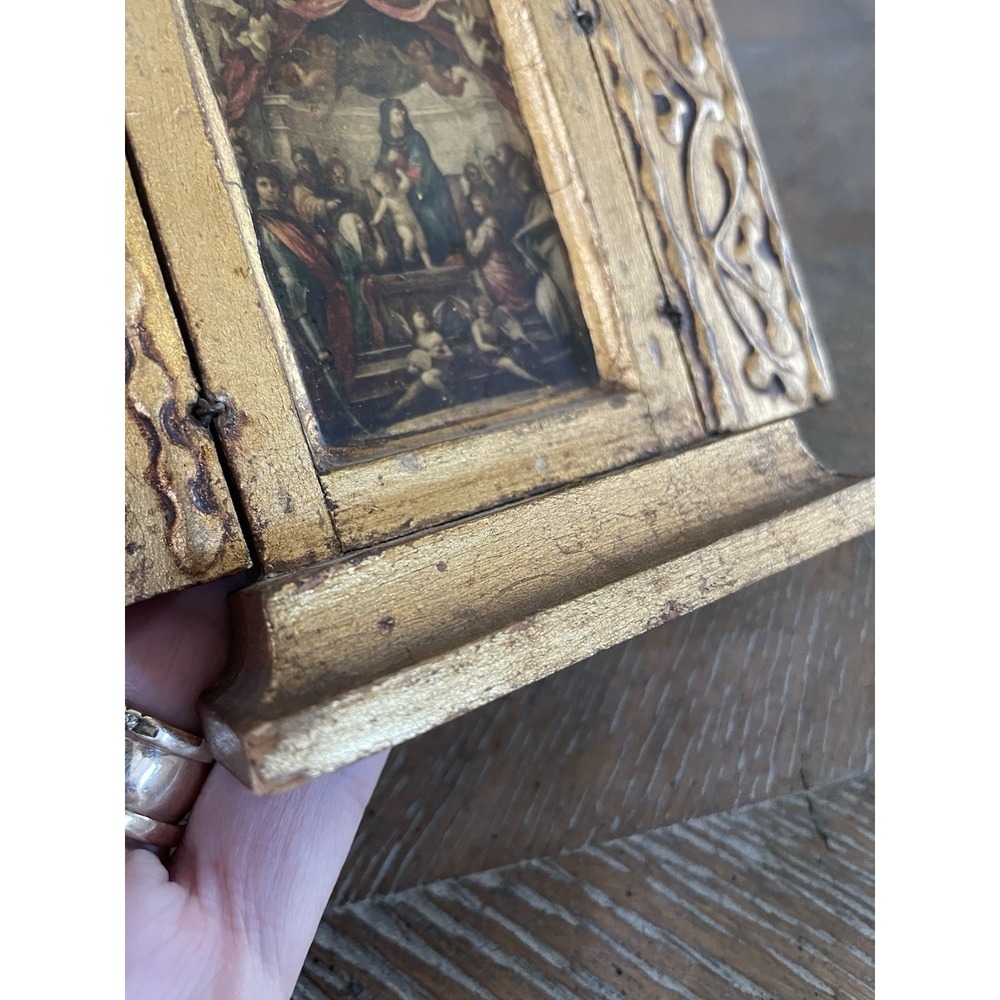Vtg Gold Gilt Standing Alter Italian Florentine‎ Triptych Virgin on Throne 5.25" - Picture 11 of 11